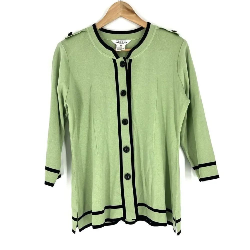 Exclusively Misook Sweater Size Medium Petite Womens Green Black Cardigan Luxury